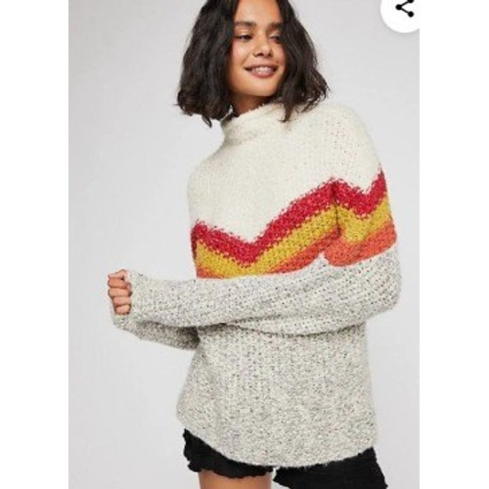 Free People Turn Around Tunic Ivory Combo Chevron Popcorn Knit Sweater Small
